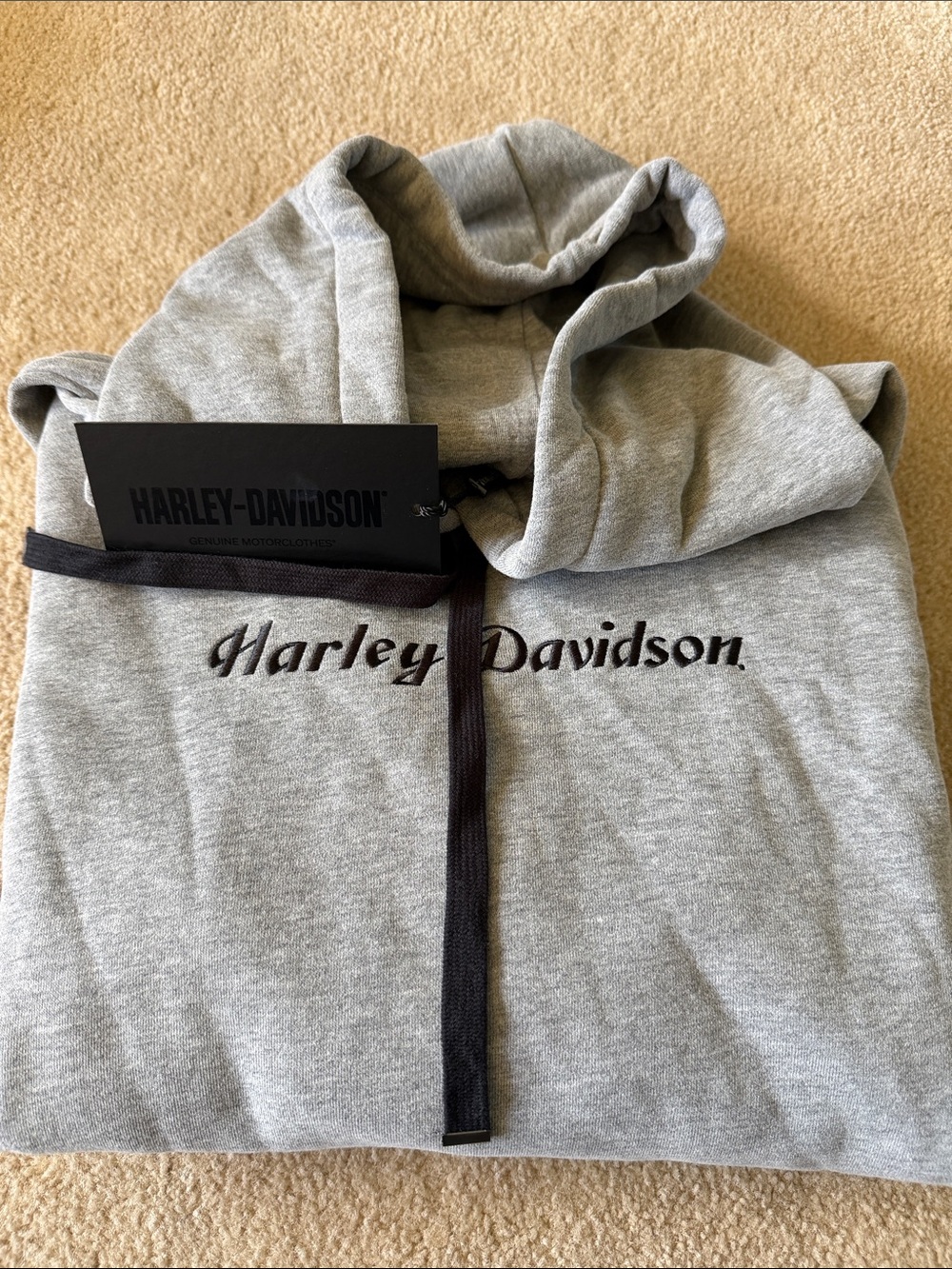Harley-Davidson Grey Hooded Sweatshirt with Black Faux Leather Sleeves